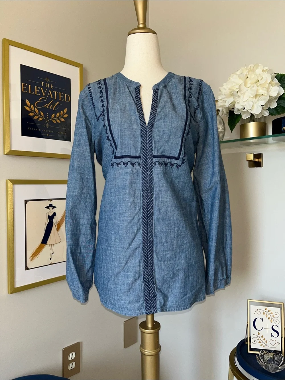 J. Crew Chambray Embroidered Bib Long Sleeve Boho Top | Blue Denim | NWOT